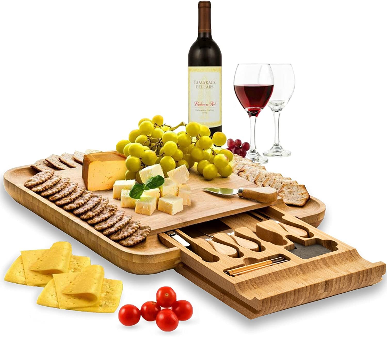 Bamboo Cheese Board Set - Large Charcuterie Boards & Cheese Board with Knife Set - Kitchen Wine Meat Cheese Platter
