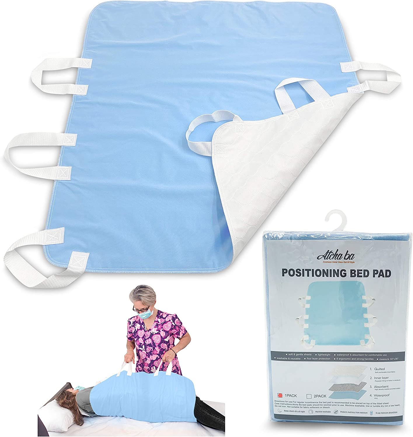 Washable and Reusable Positioning Bed Pad with Handles, Waterproof Incontinence Underpad (Blue, 1-Pack)